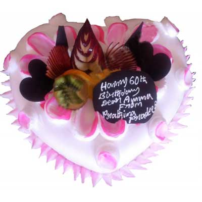 "Pink glaze Heart shape cake with Fruits  - 2kgs - Click here to View more details about this Product